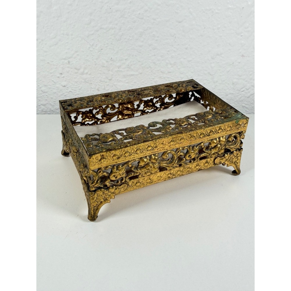 Vintage 24KT Gold Plated Filigree Mini Tissue Box Cover Ornate Footed Gold